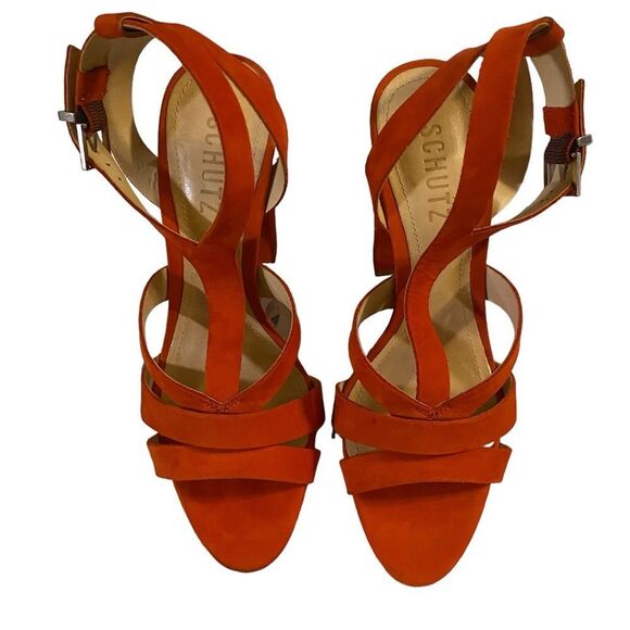 Schutz Orange Suede Leather Block Heels Strappy Sandals size 7 - Picture 1 of 10